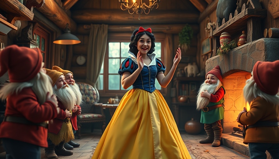 Disney's Snow White in live action with dwarfs, rustic cottage.