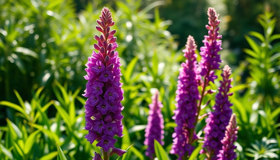 Tall purple flowering plant surrounded by green foliage in a garden.