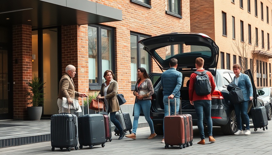 Travelers manage luggage outside hotel amid quadrupled Heathrow hotel prices.