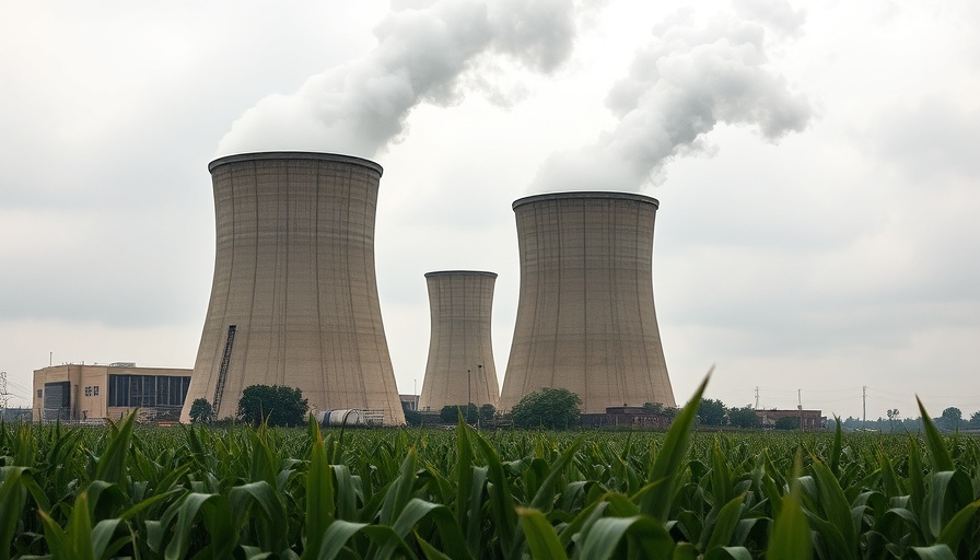 Cooling towers behind a cornfield explore if financiers believe in sustainability.