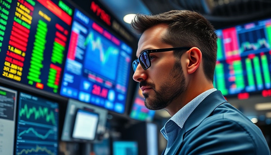 Stock broker analyzing S&P 500 trends on multiple screens.