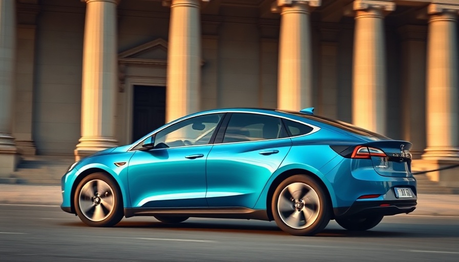 Sleek blue electric car driving by neoclassical building
