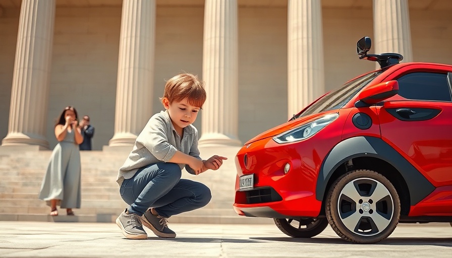 Child interacting near a red car in front of grand building, Waymo's deal with SFO.