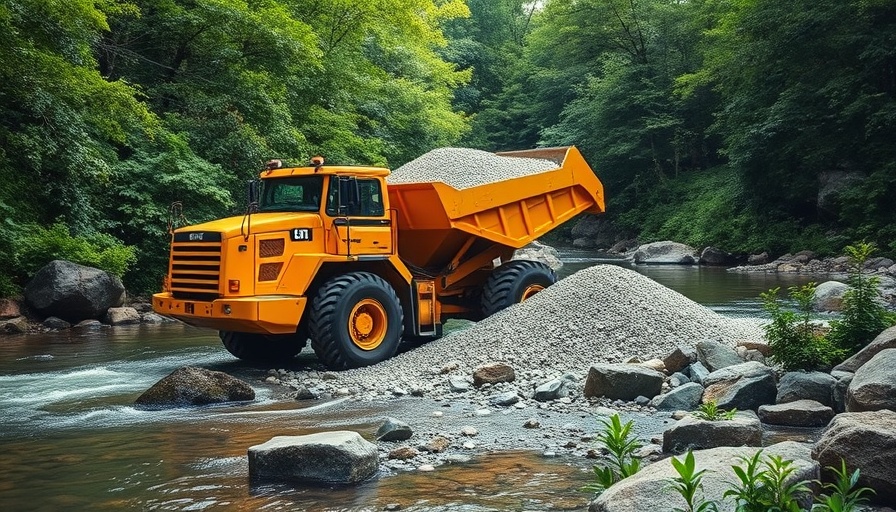 Lagunitas Creek habitat project depicting a yellow construction vehicle in creek bed work.