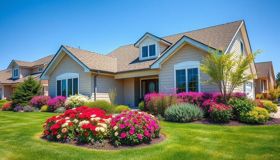 Modern suburban home with vibrant perennial flowers in scenic setting.