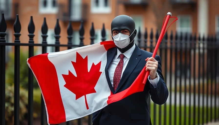 Person in suit and mask holding Canadian flag in front of a fence.
