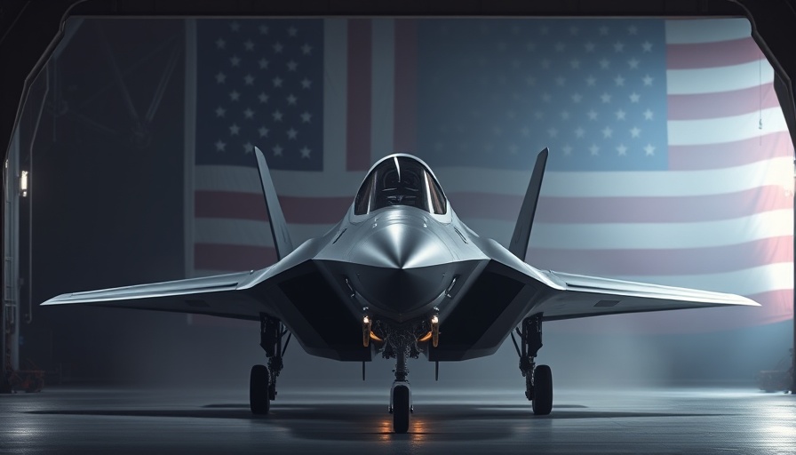 Stealth fighter jet in hangar with American flag, Air Force fighter jet investment.