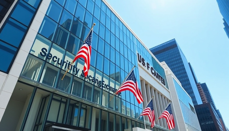 U.S. SEC building architecture, modern facade with flags.