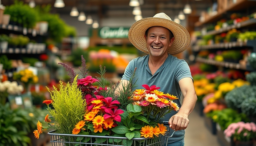 Person in straw hat enjoying a garden store visit with colorful plants.