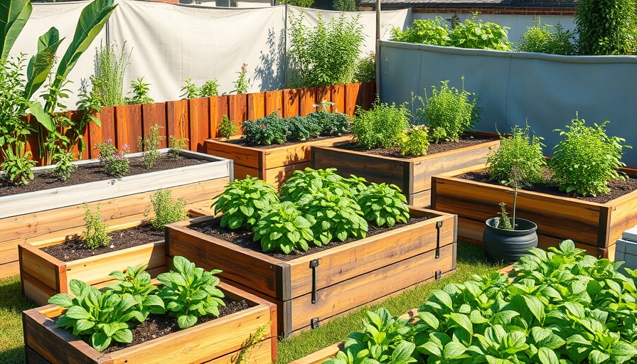 Diverse raised bed garden styles in wood, metal, and fabric.