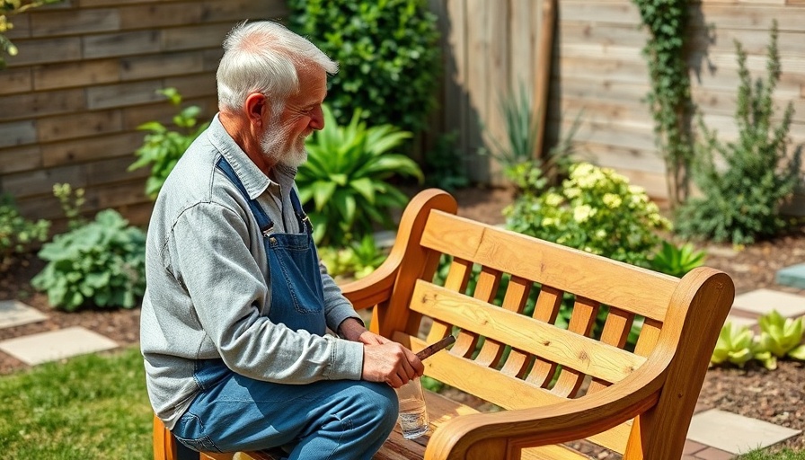 Middle-aged couple in garden bench restoration, bright garden setting