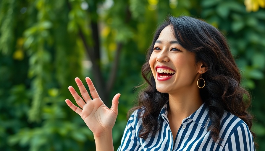 Cheerful woman gesturing outdoors, vibrant and engaging setting.