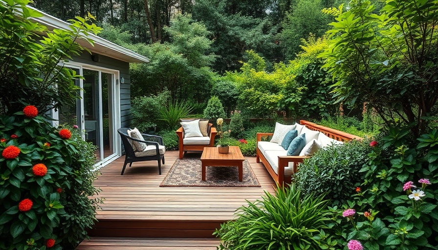 Lush backyard garden design with modern seating and wooden deck.