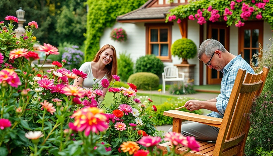 Garden design ideas with blooming flowers and handcrafted chair.