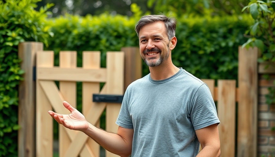 Man explaining DIY garden gate upgrade in lush garden setting.