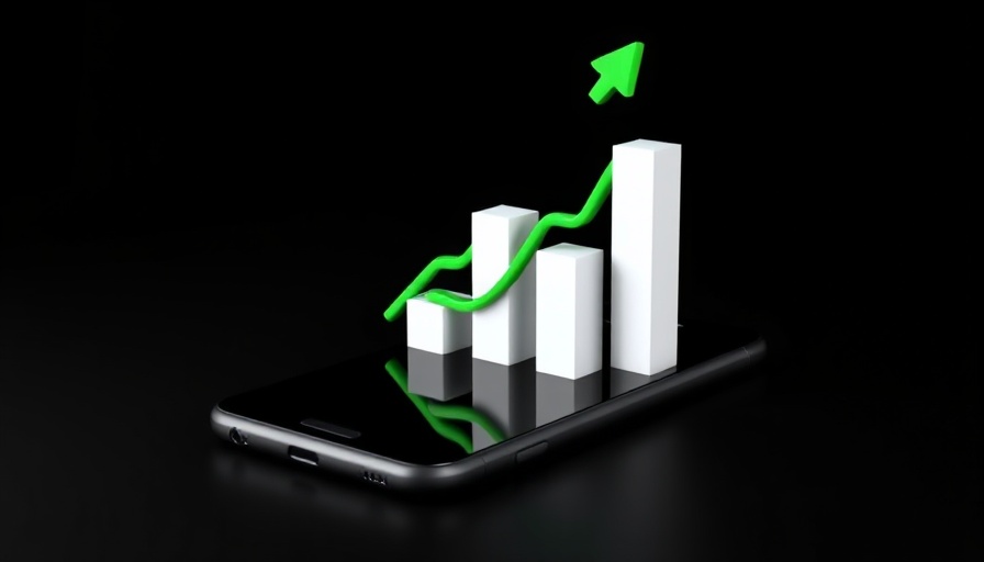 Investment growth illustration with bar graphs and arrow on smartphone.