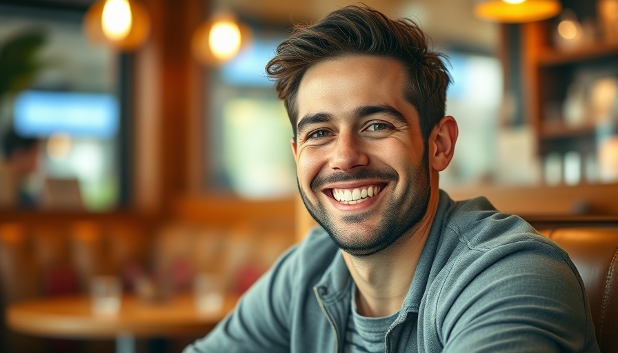 Cheerful man in cafe, embodying kindness in customer service.