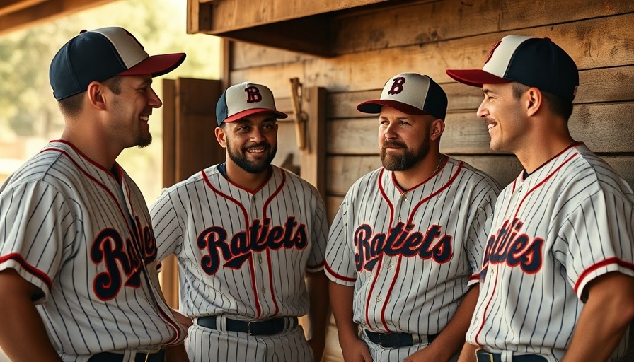 Nostalgic baseball team chat in a rustic dugout, capturing nostalgia.