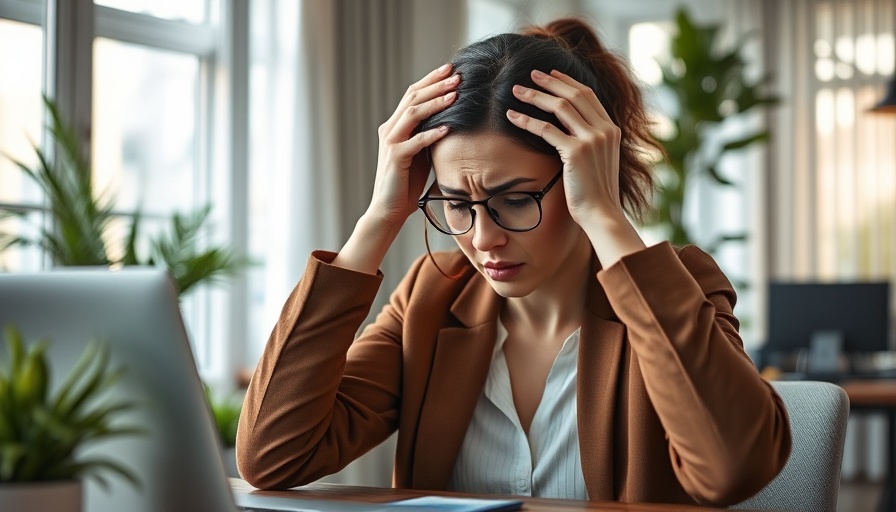 Woman experiencing stress in the workplace, needing mental health support.
