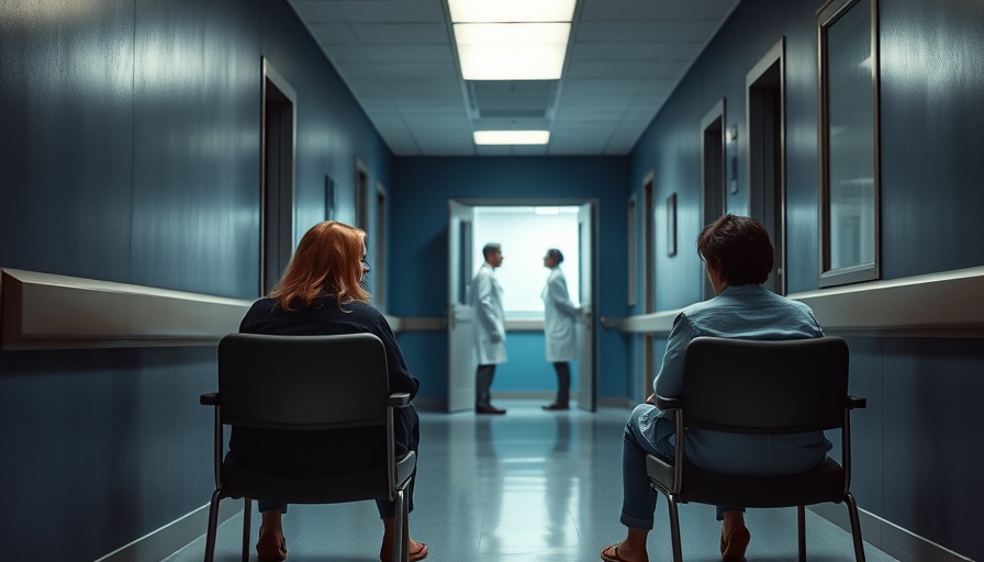 Tense hospital scene predicting overcrowding in 2025, two anxious women in waiting area.