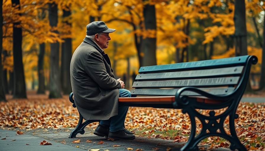 Elderly man on park bench, deep in thought, autumn forest setting.