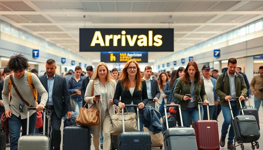 Travelers at Heathrow Airport arrivals, referencing fire incident.