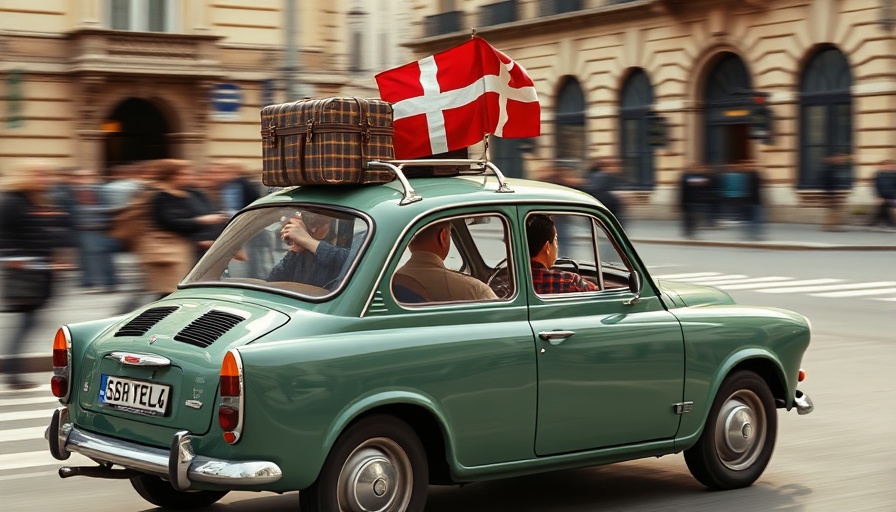 Retro car with Danish flag, reflecting Denmark business culture.