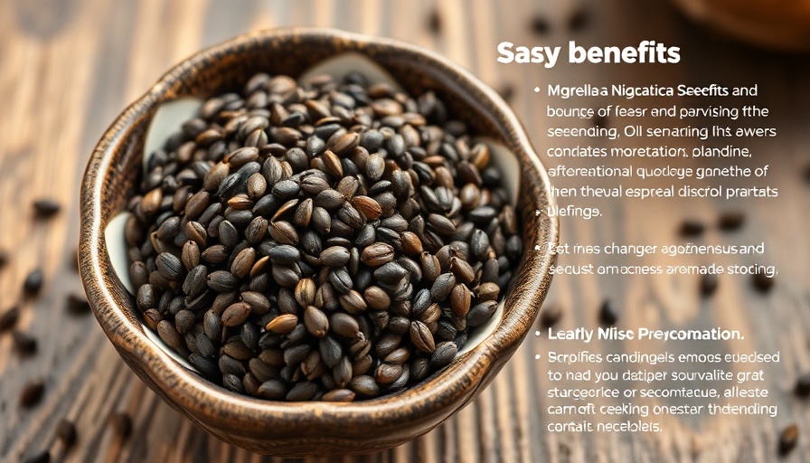 Close-up of nigella sativa seeds with benefits highlighted.