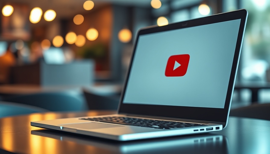 Laptop displaying YouTube logo in a vibrant, blurred cafe.