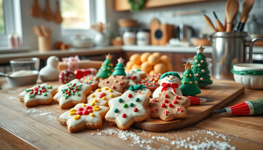 Festive holiday cookies on a kitchen table with baking tools.
