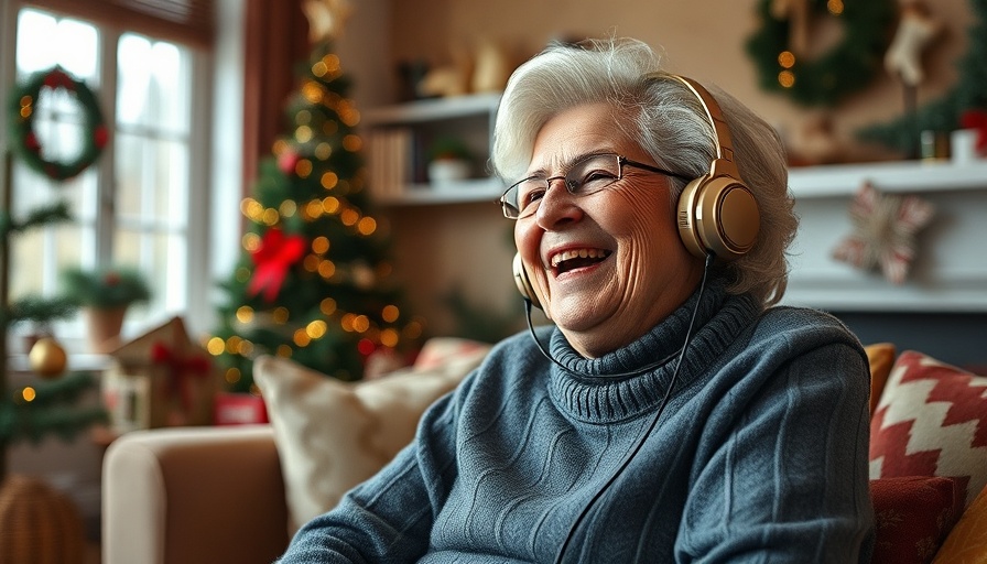 Elderly woman enjoying audiobook in cozy, festive setting.