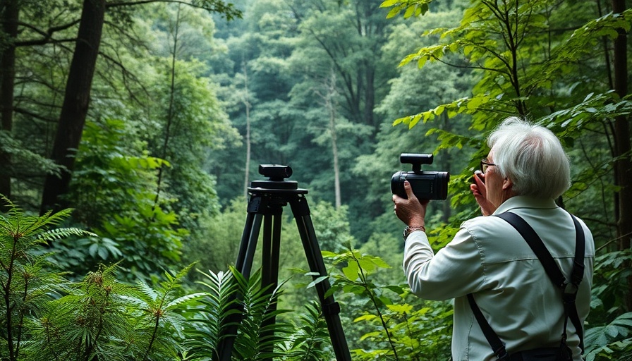 Seniors using wildlife cams in a lush forest, observing nature.