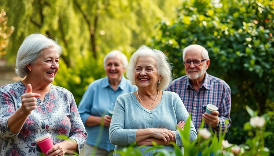 Serene senior living community garden setting with elderly enjoying nature.
