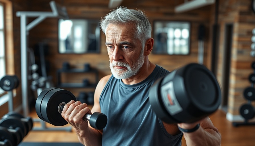 Active senior lifting weights in a home gym setting