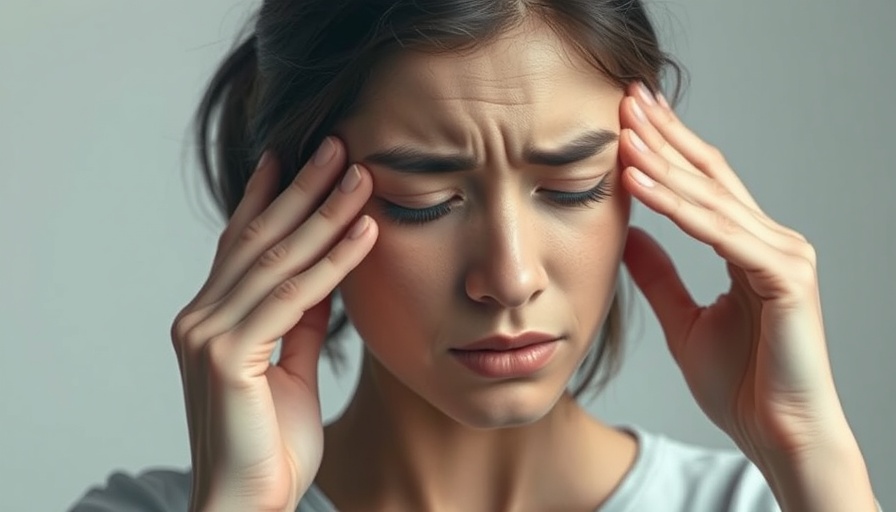 Young woman holding temples in pain for migraine relief device.