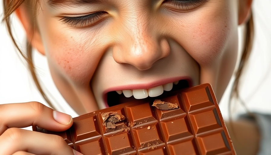 Person craving sweets, biting into a chocolate bar.