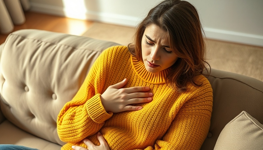 Woman in yellow sweater showing heart attack signs, clutching chest.