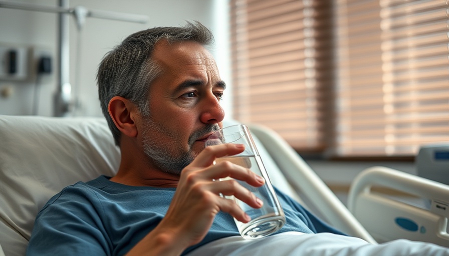 Man in hospital bed drinking water, associated with water intoxication symptoms.