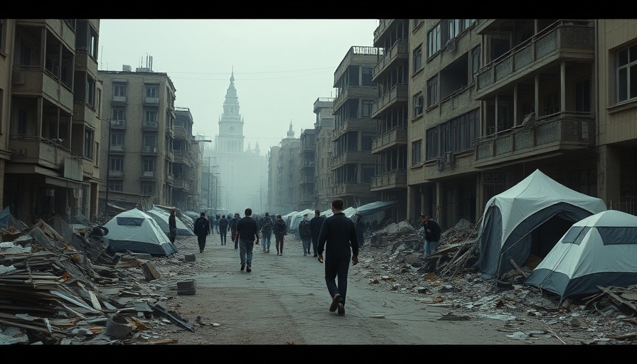 Desolate urban scene with people amidst debris after airstrikes in Lebanon.