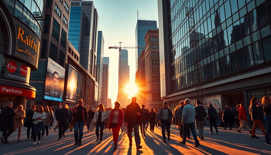 Urban crowd walking in sunlight, impact on employment.