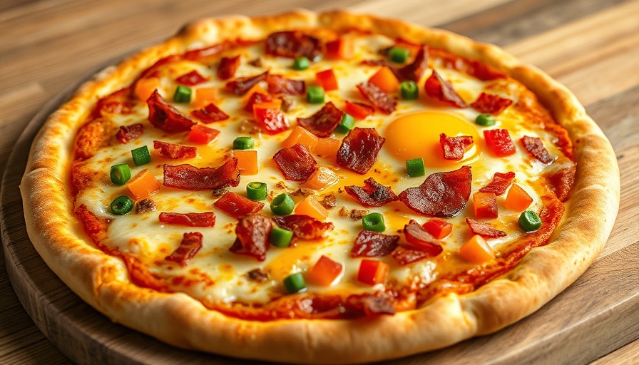 Easy cheesy breakfast pizza with bacon and colorful toppings.