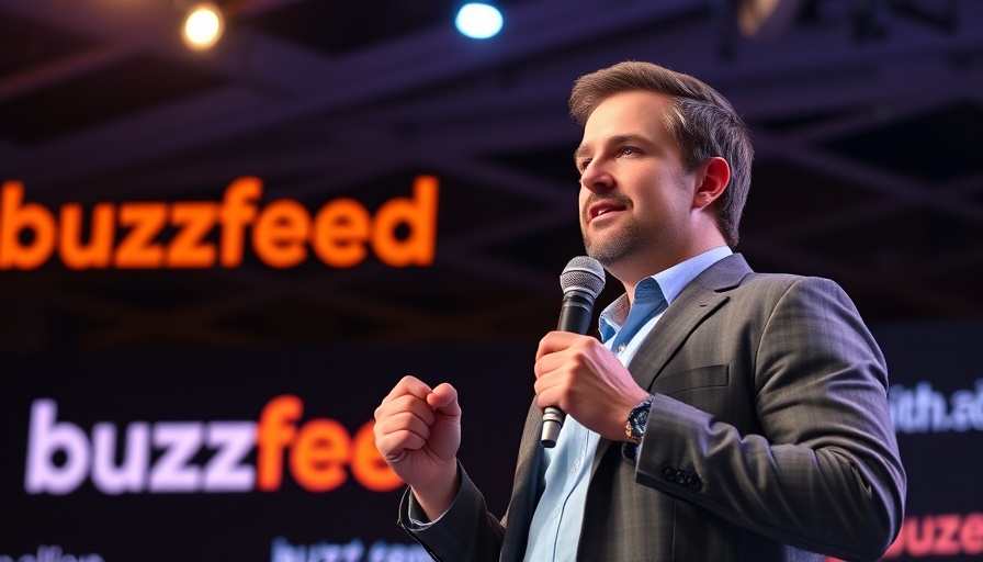 Confident speaker at technology news event with brand logos in background.