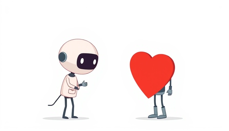 Cartoon robot analyzing a heart, symbolizing AI in dating