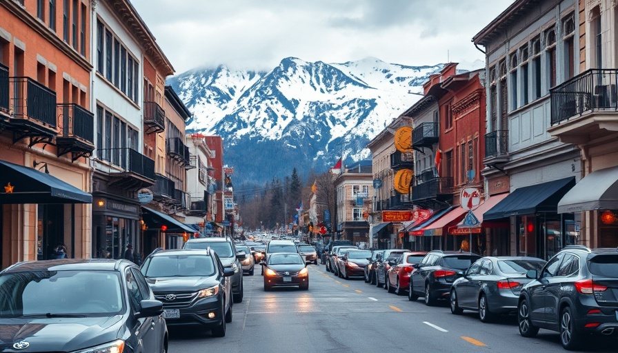 Charming historic street in urban mountain cityscape scene.