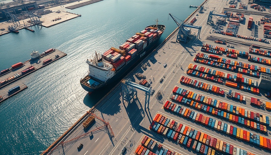 Port with large cargo ship and vehicles related to automobile tariffs.