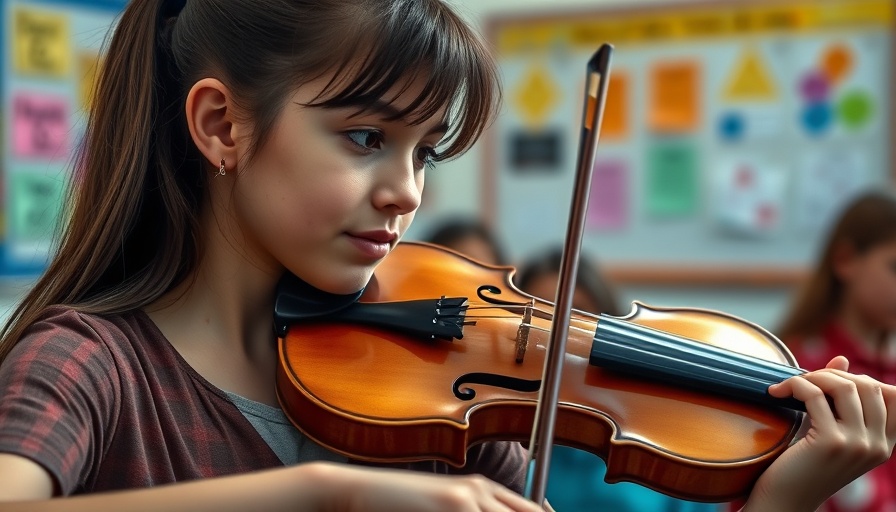 Young woman playing violin in classroom for health benefits