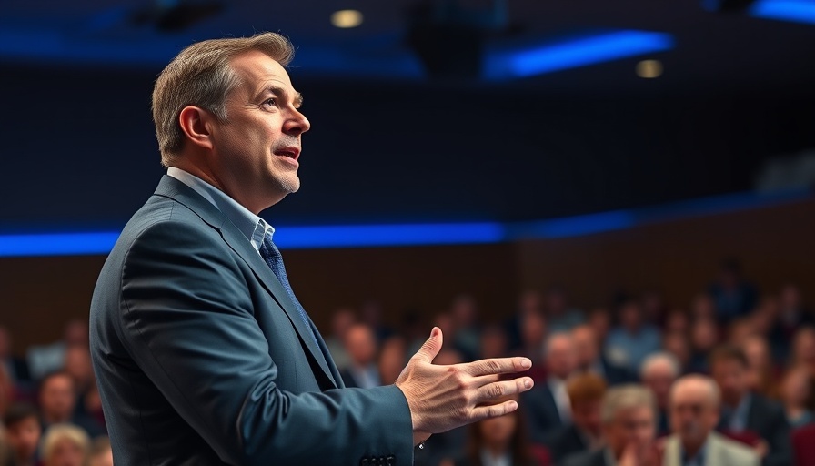 Charismatic speaker giving a speech on stage with blue backdrop.