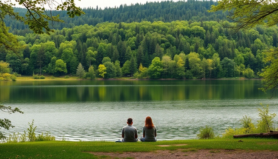 Scenic lakeside view with locals relaxing for local news feature.
