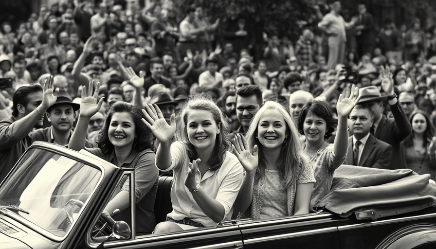 Historic image depicting people in a car surrounded by a crowd.