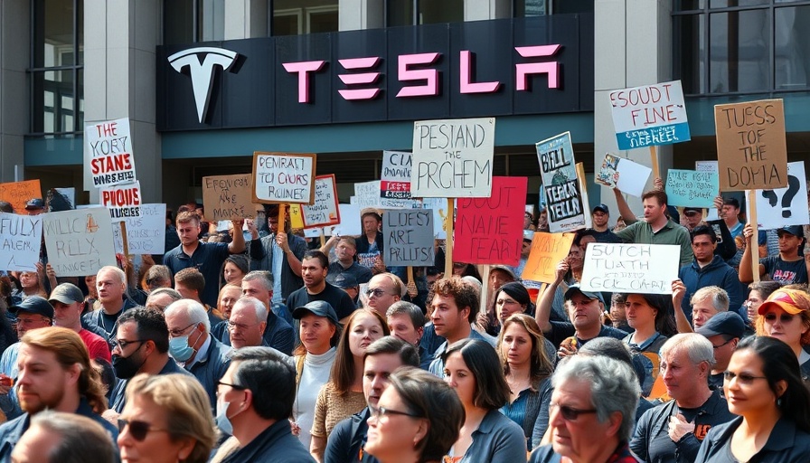 Protesters gather outside a Tesla building with diverse signs expressing opinions.